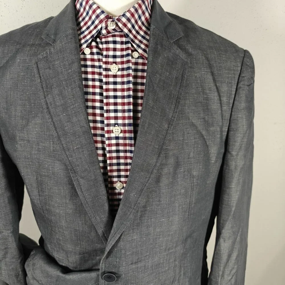 Pronto‎ Uomo Blue Men's Sport Coat Blazer Two Button Gray Linen Cotton Size XL